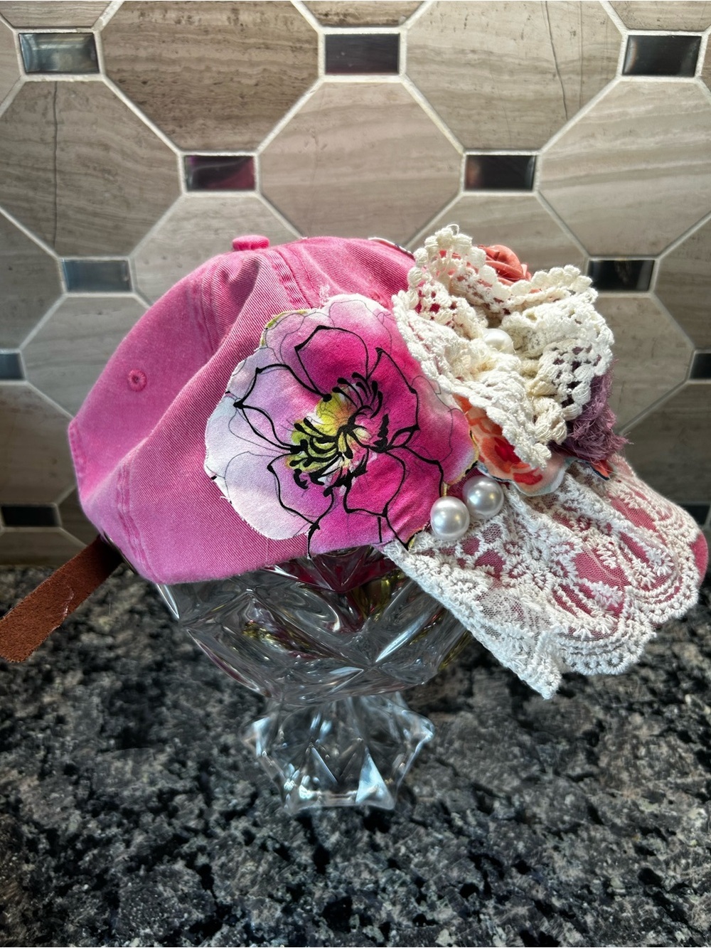 NewHandcrafted Boho Cottagecore Women Pink Lace Floral Baseball Cap OOAK - Picture 7 of 10